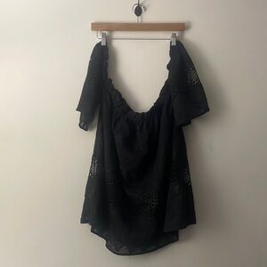 E. SSUE Black Sheer Off Shoulder Peasant Shirt Sz Large